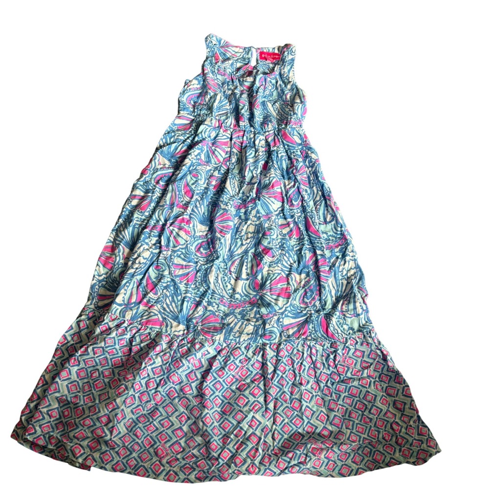 Lilly Pulitzer for Target Maxi Dress Girls XS 4/5 Blue Pink Geometric Floral